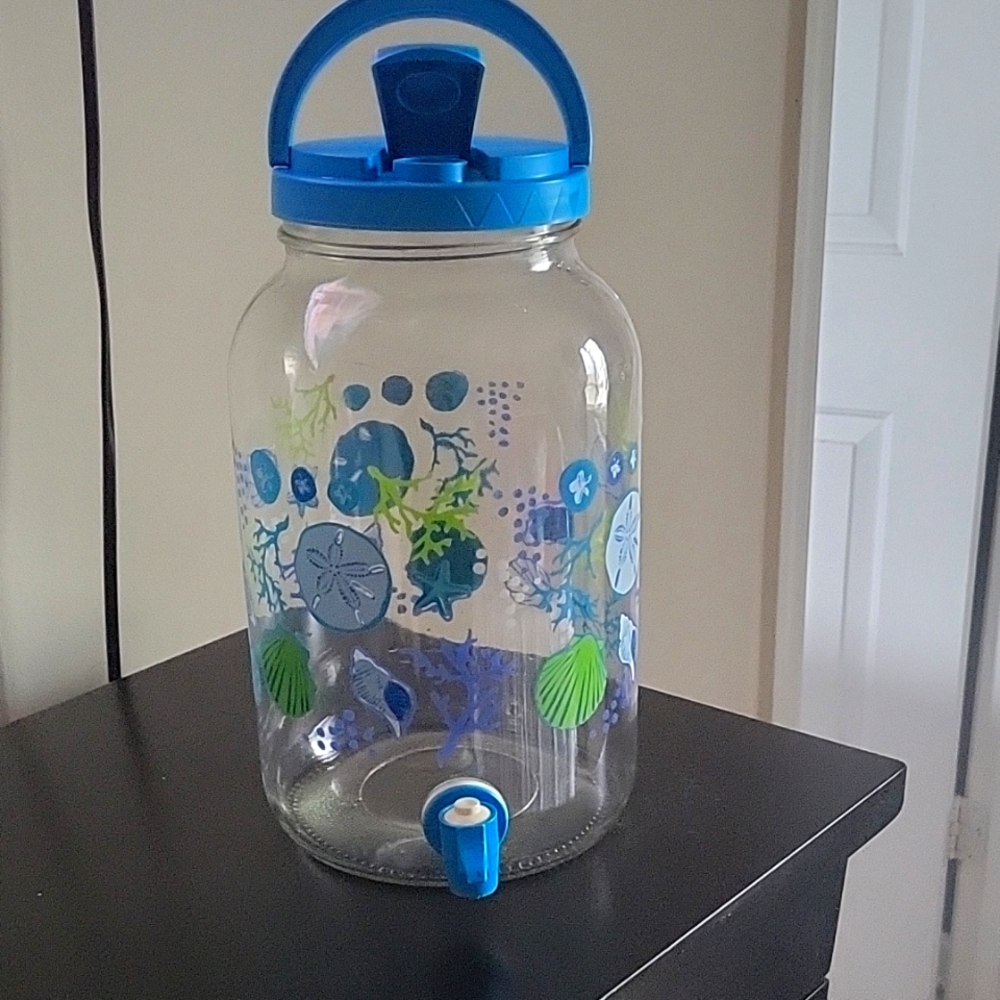 Ocean-Themed Glass Beverage Dispenser with Blue Lid